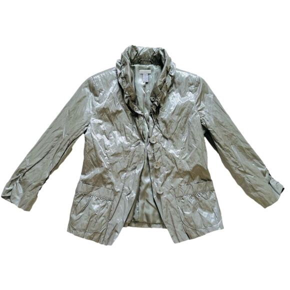 Chico’s Jacket Gray Green Metallic 3/4 Sleeve Ruffle Collar Rain Jacket Small - Picture 8 of 11